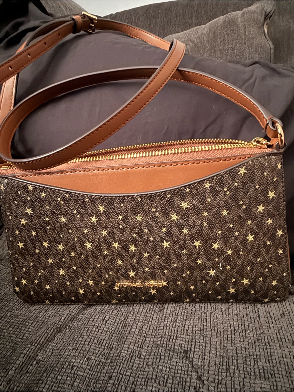 Michael Kors Brown Star-Print Crossbody with Gold Logo